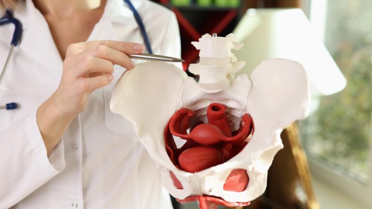 Lekarz wskazujący na model anatomiczny miednicy żeńskiej – szkolenie z uroginekologii i osteopatii